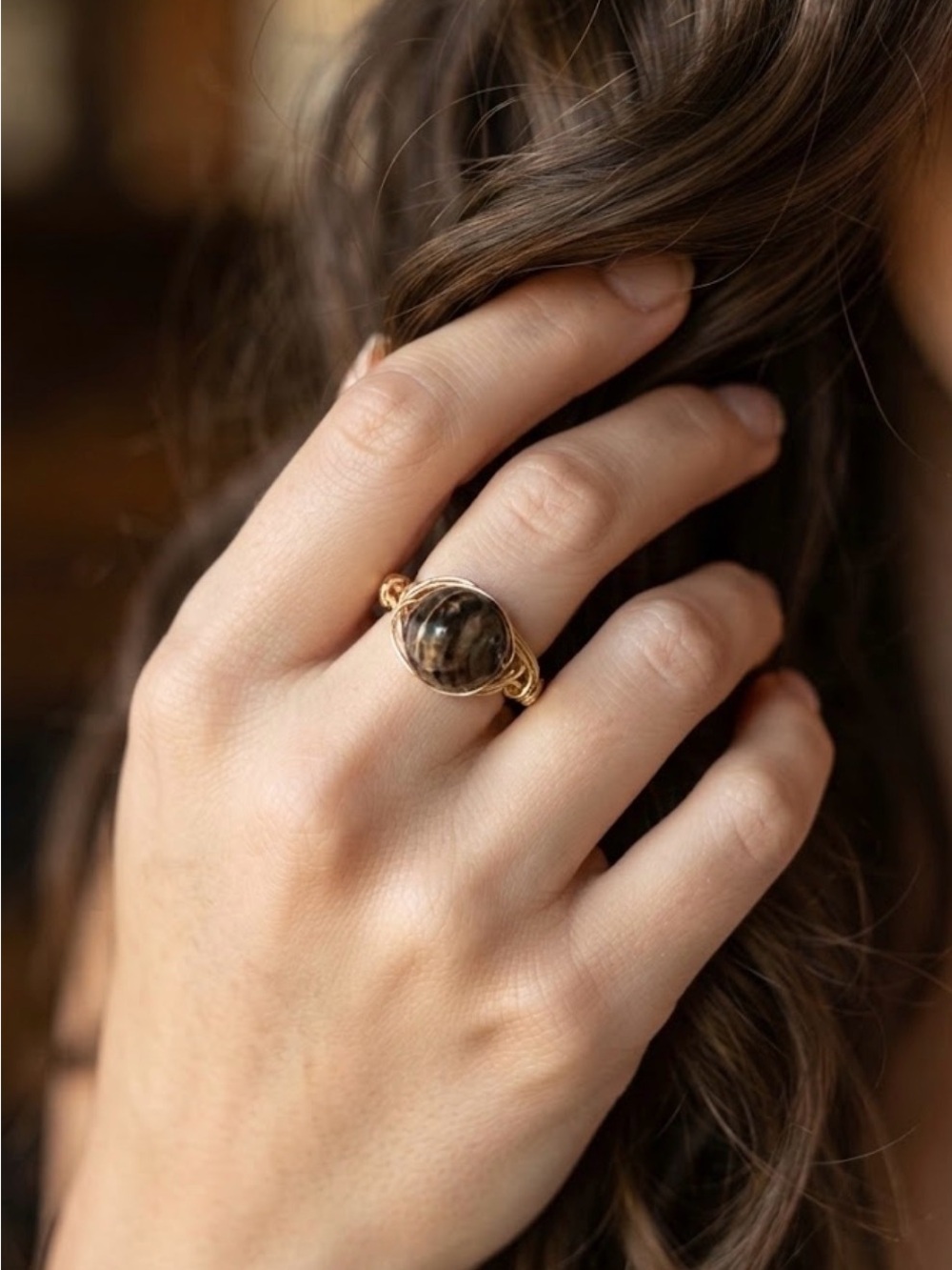 Gold Wire Wrapped Brown Tiger eye Ring size 8